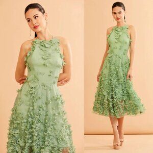 Helsi Camilla Sage Green Floral Applique Halter Midi Dress‎ Size XS
